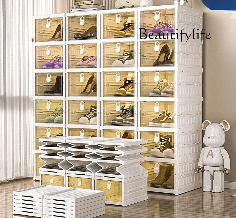 R French Style Free Installation Folding Shoe Box Storage Rack, Transparent Shoe Rack Storage Box, Multi-layer Integrated Shoe C