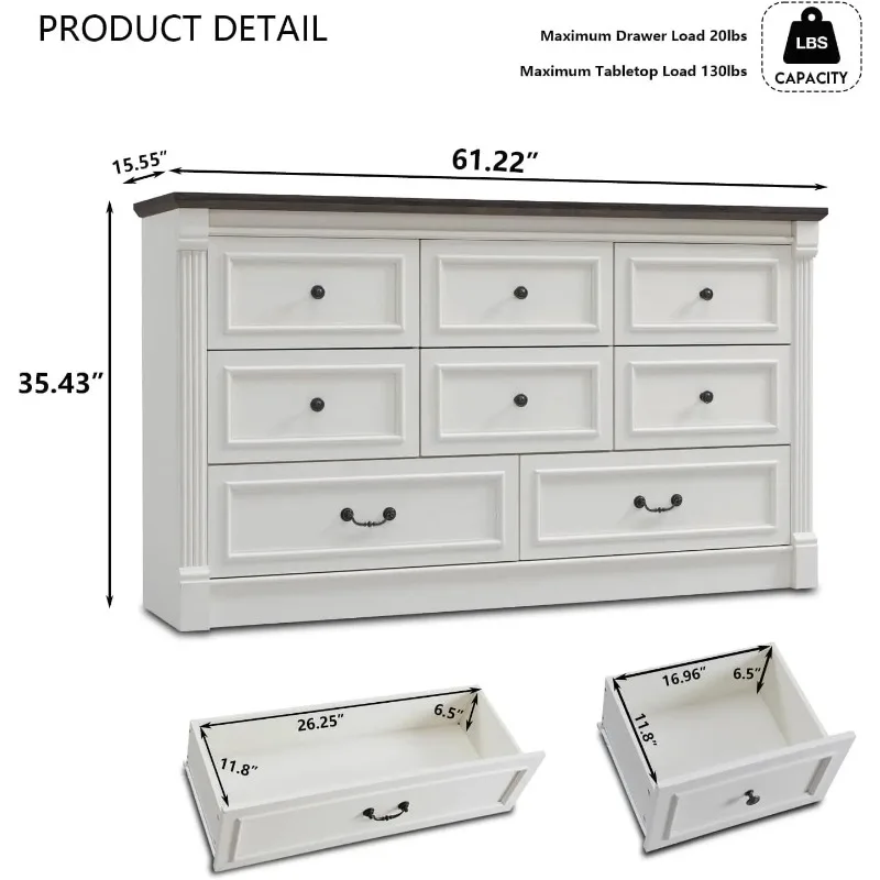 Farmhouse 8 drawer dresser, 61" wide large chest of drawers with Roman Columns, bedroom, hallway, living room, storage 2