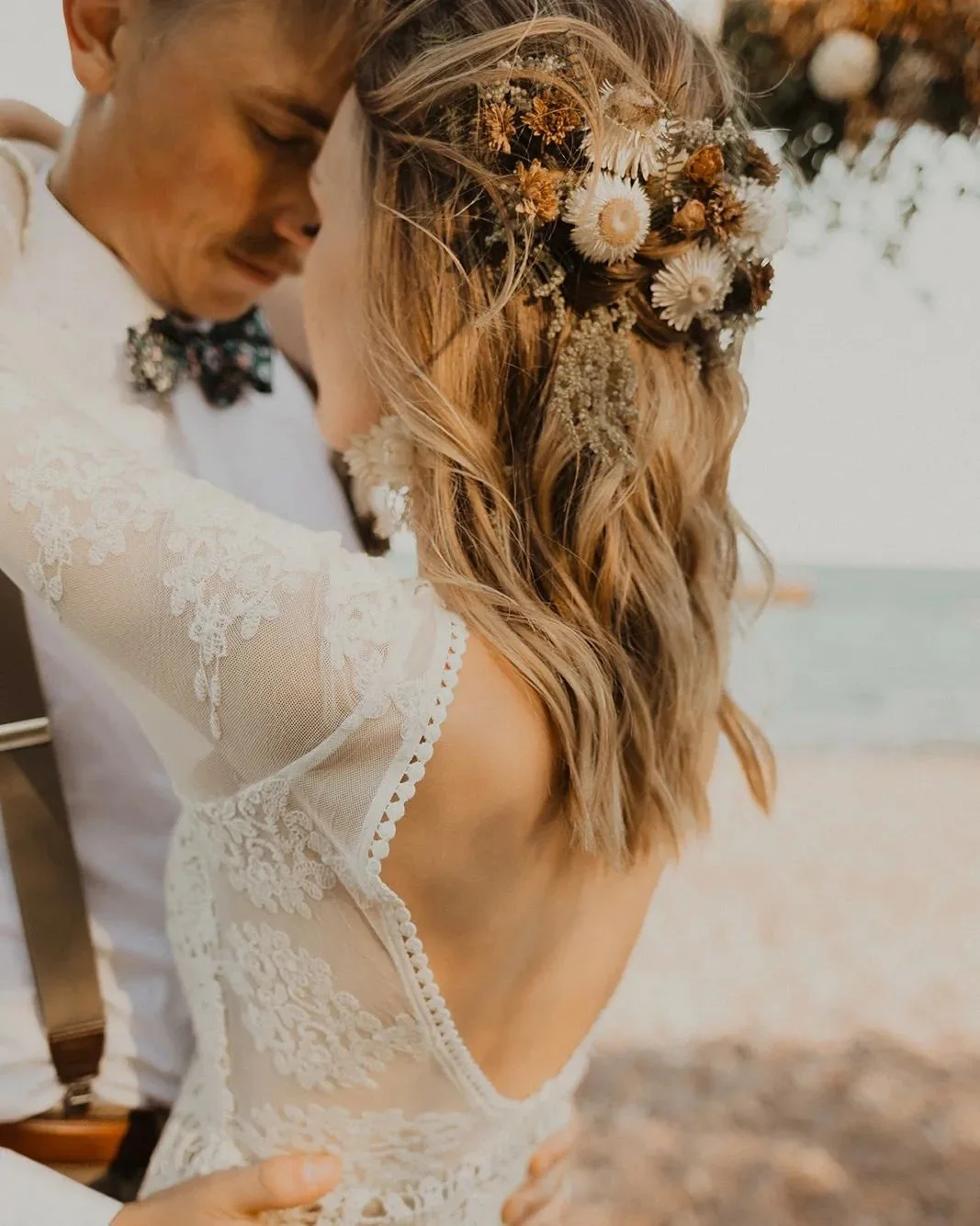 Xunbei-Robe de Mariée en Dentelle Ivoire et Mousseline de Soie pour Patients Bohème, Dos aux, Manches sulf, Ligne A, Pompon, Quelle que soit la Simple