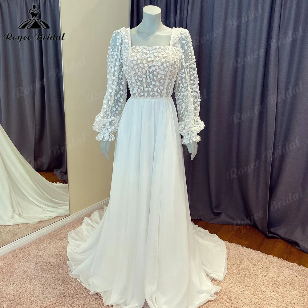 Hochzeit Lace Bodice Chiffon Boho Puff Long Sleeve Wedding Dress for Women 2024 Country Beach Bridal Gown Boheme Vestido Novia