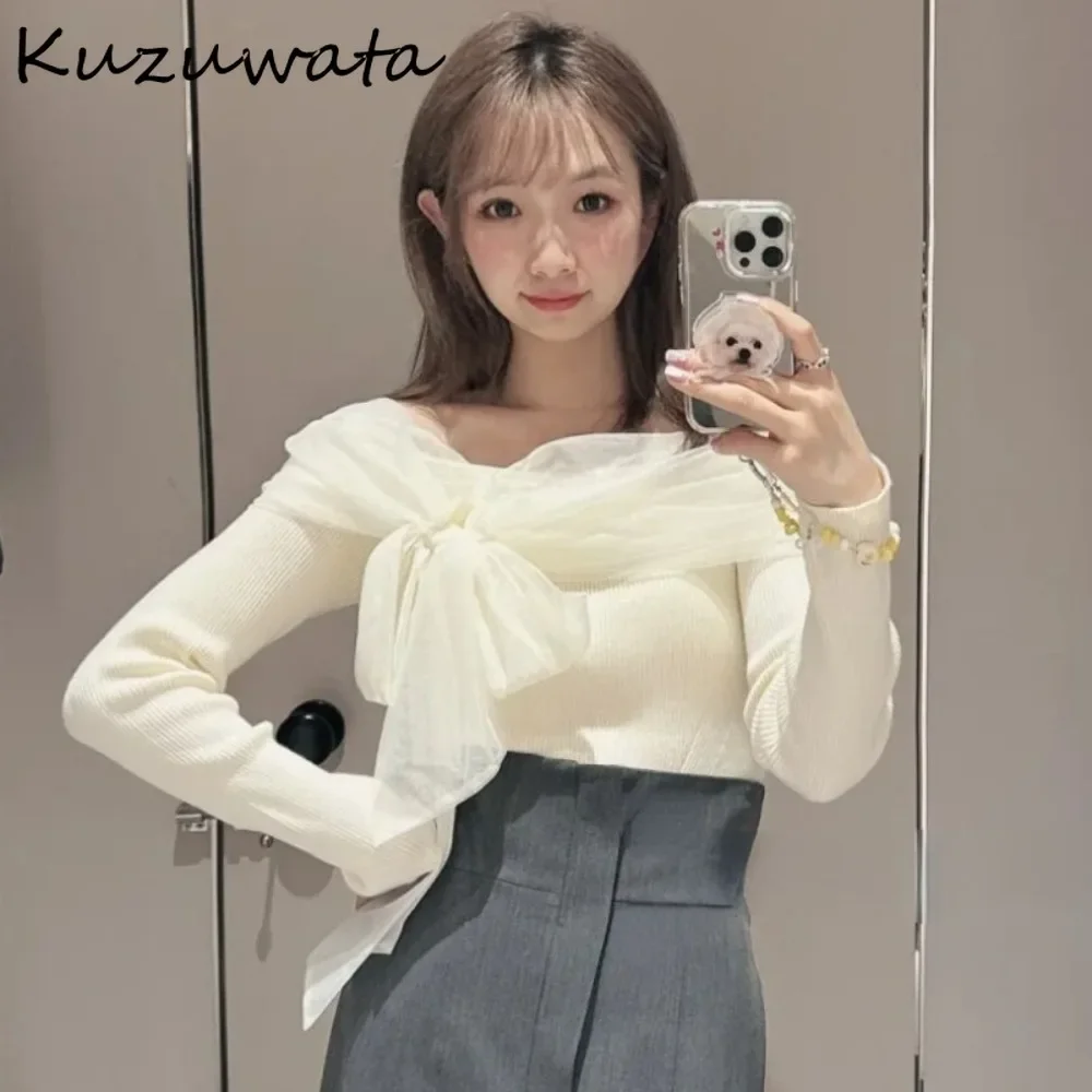 Kuzuwata 2024 New Sweet Two Outfits Pullover Bow Chiffon Lace Up Patchwork Literary Jumper Japan Moda French Style Fresh Knitted