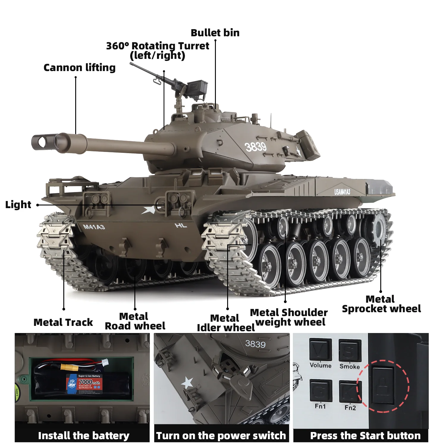 Heng Long rc ถัง 1/16 U.S. M41A3 Walker Bulldog ถัง (โลหะเคลือบยาง Track & Road ล้อ) (360 ° ป้อมปืนหมุน)