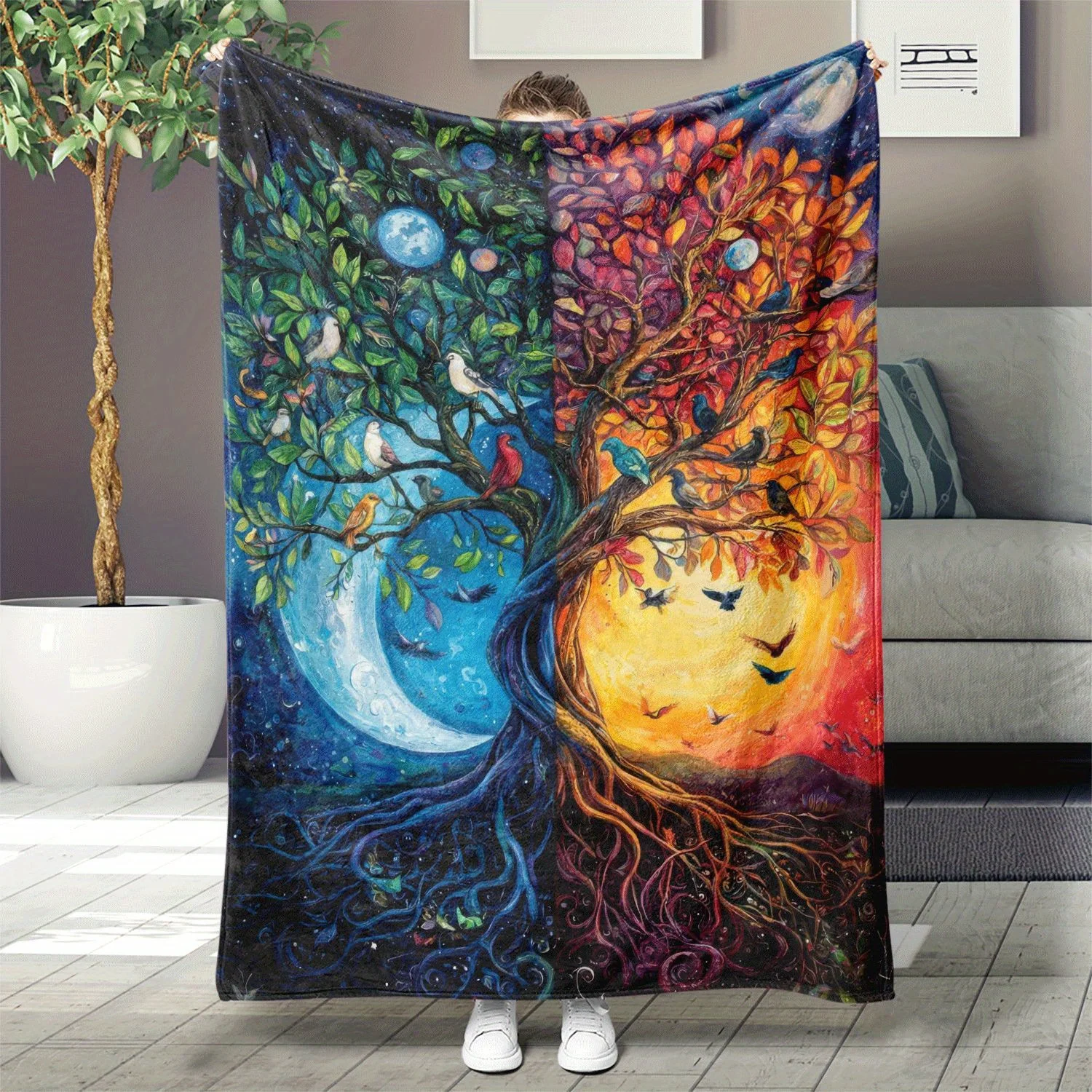 1pc Dreamy two-tone tree of life print blanket, polyester fabric, machine washable, suitable for bedroom and living room