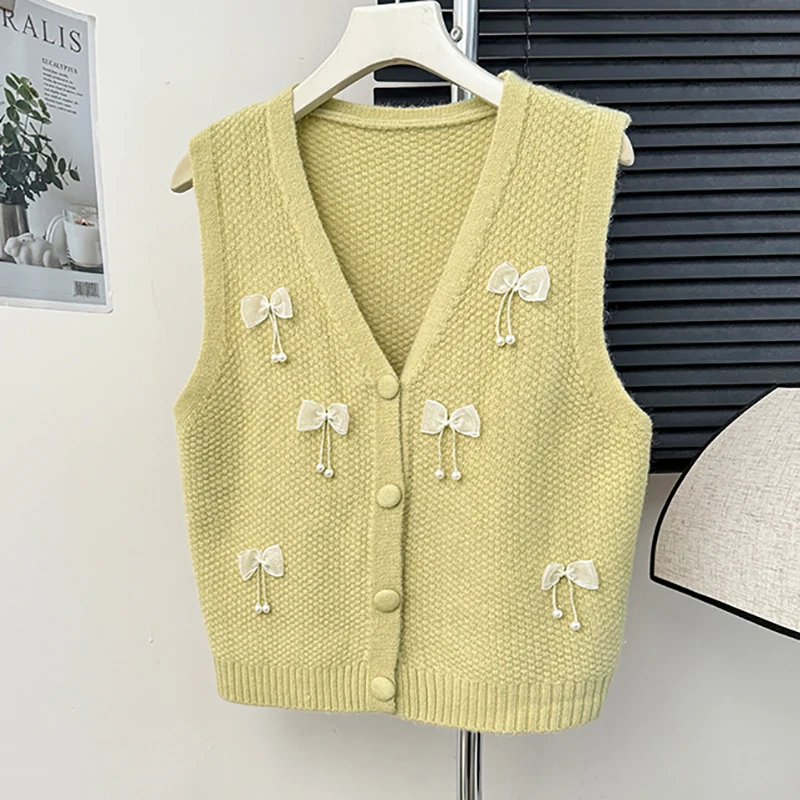 HELIAR Women Single-breasted Cardigan Bowknot Sweet Sweater Vest Sleeveless Knitted Vest Casual Office Waistcoat Autumn Winter