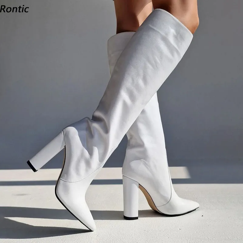 

Rontic Handmade Women Winter Knee Boots Matt Sexy Chunky High Heels Pointed Toe White Party Shoes Ladies US Size 5-15