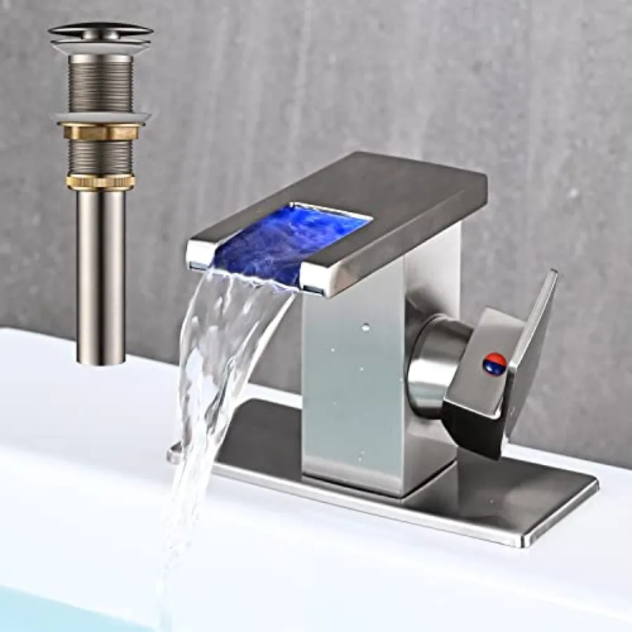 

LED Bathroom Sink Faucet, Waterfall Single Hole Handle Vanity Faucets for Sinks 1 Hole with Metal Pop Up Drain and 2 Water Supp
