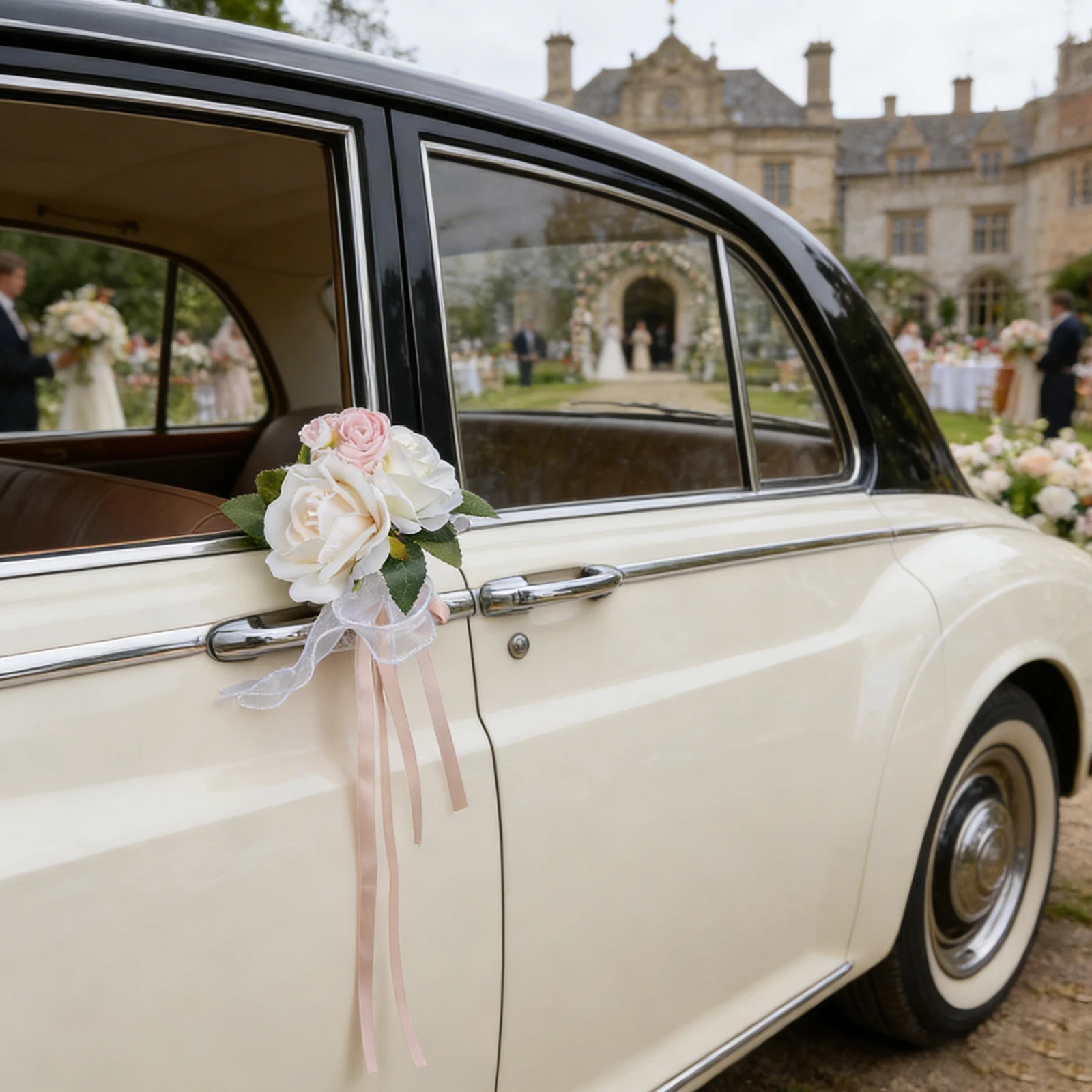 Artificial Flowers Wedding Car Decorations Realistic Faux Flowers with Ribbons for Pew Chair Ceremony Party Supplies view 6