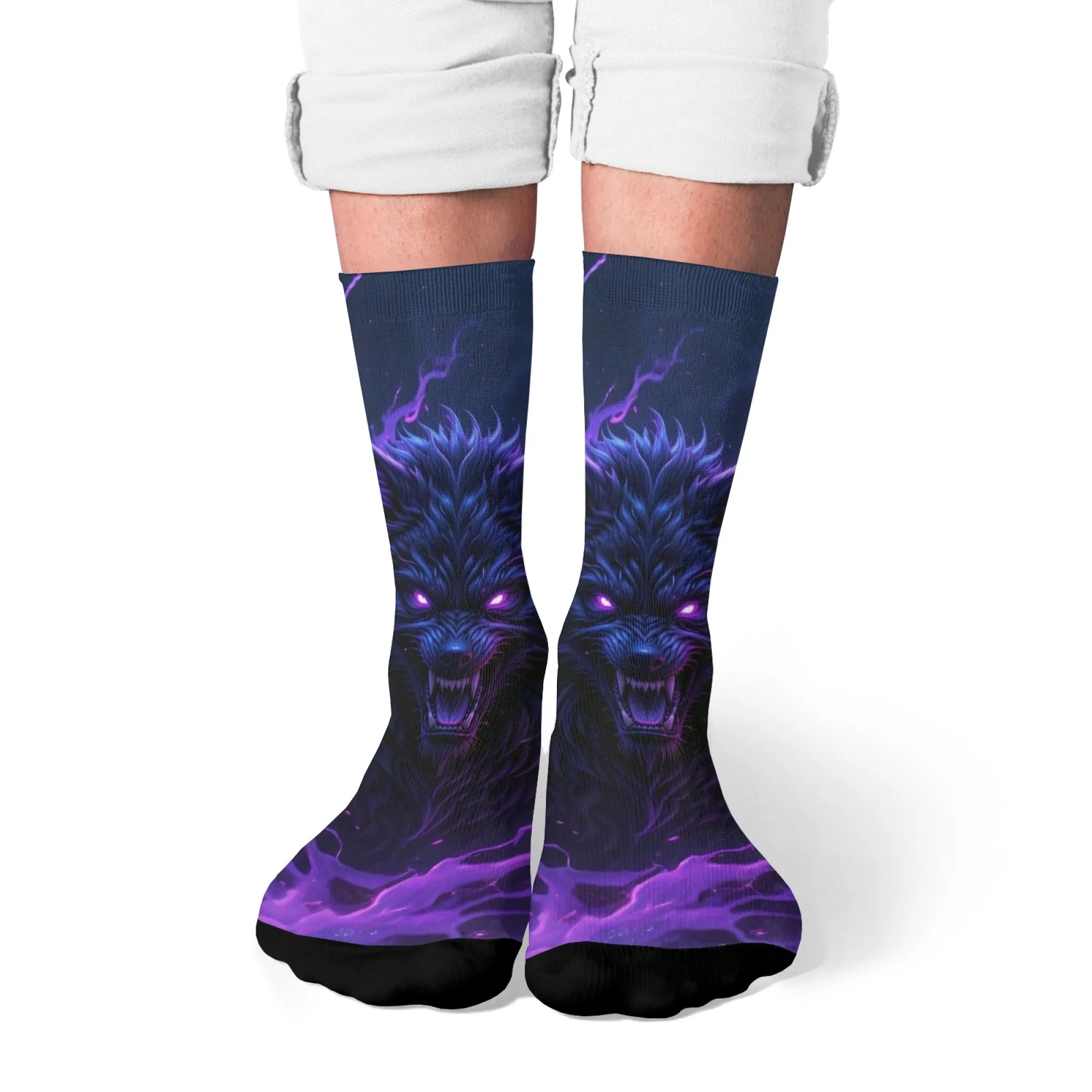 Herren-Allzweck-Neon-Lila-Wolf-Crew-Socken, weich, warm, atmungsaktiv und rutschfest, für Sport, Freizeit und Streetwear, einzigartiges Muster