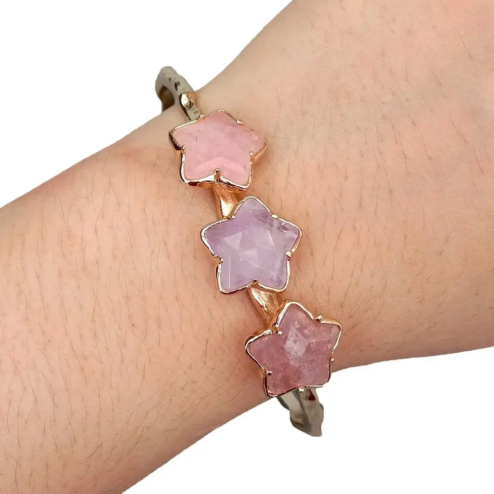 

KKGEM Natural Gemstone Bangle Gold Color Bracelet 16mm Amethyst Rose Quartz Star Shape Bracelet
