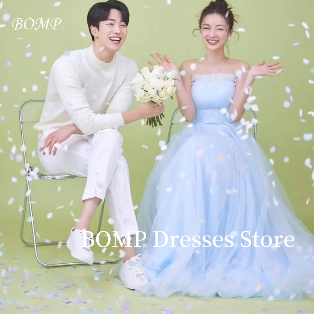 

BOMP Elegant Baby Blue Wedding Party Dress Draped A-Line Strapless Floor Length Bridal Gown Korea Photo Shoot Customized Lovely
