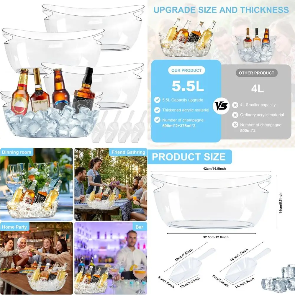 

Extra Large 5.5L Clear Ice Buckets with Scoops, Ideal for Parties - Perfect for Beverages and Cocktails