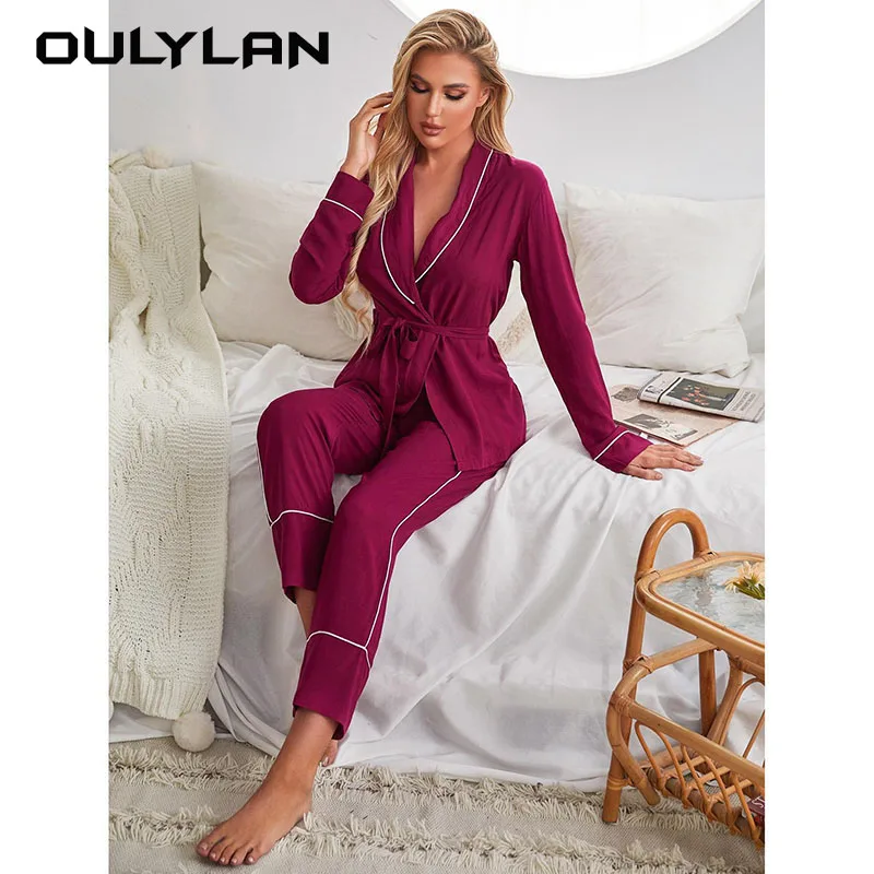 

Long Sleeve Trousers Home wear Suit For Women's Sleepwear Lapel Nightwear Waist Belt Top Long Pants Sleepwear 2 Pieces