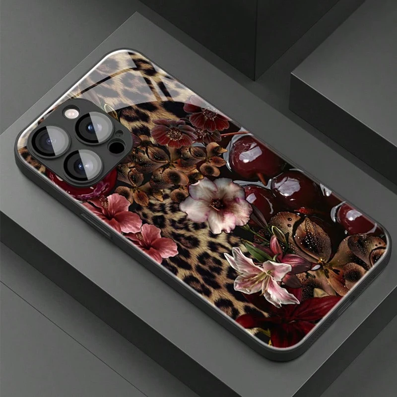 

Leopard Cherry Pattern Tempered Glass Phone Case For iPhone 17 16 15 14 13 12 11 Pro Max 17Air 16E 7 8 15 Plus XR XS X Cover