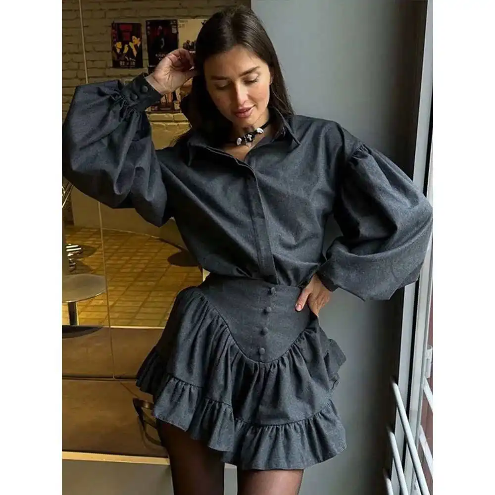 طقم تنورة نسائية مكشكشة irt ملابس رياضية كاجوال بدلة تي شيرت V-Ne Seven-Sve ألياف البوليستر سحاب إغلاق #1