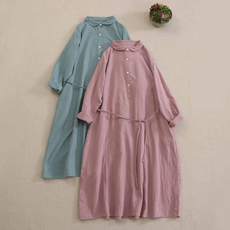 

Japanese Sweet Mori Girl Double-layer Cotton Dress Women Spring New Half Open Collar Long Sleeve Casual Loose Midi Dresses