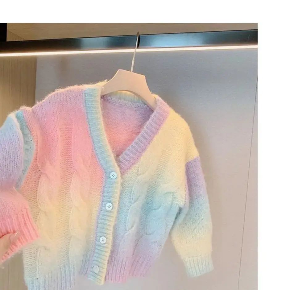 Rainbow Gradual Sweater Girl\'s Spring Autumn Cute Plush Long Sleeve V-Neck Single Breasted Warm Angora Rabbit Hair Cardigan