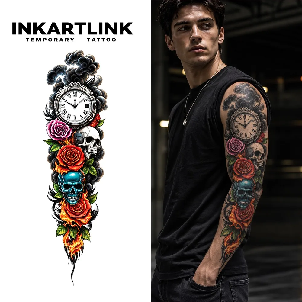 INKARTLINK 1PC Herbal Time Skull Rose Tattoo Lasts 2-5 Days, Unisex for Parties, Night Out & Dark Realism