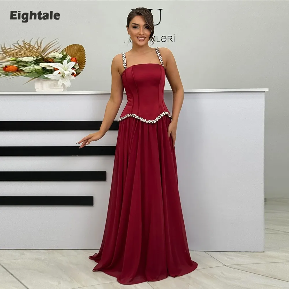 

Eightale New Evening Dress Spaghetti Straps Beaded Customized Arabic Prom Satin A-Line Wedding Party Gown Vestidos De Gala