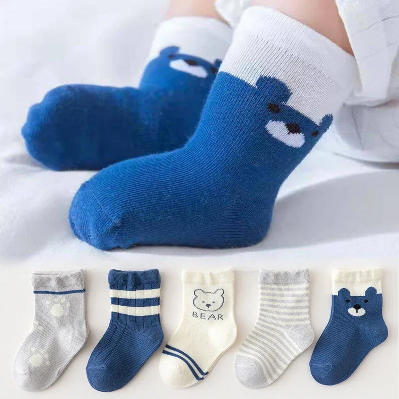 

5Pairs Blue Bear Baby Socks Spring Autumn Kids Mid Tube Sock 0-5Year Boy Girl Children Cotton Sock Cute Cartoon Striped Footwear