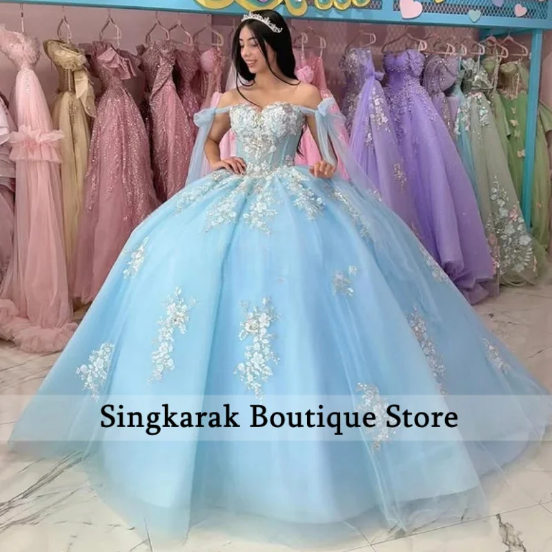 

Light Blue Quinceanera Dresses Glitter Crystal Decal off-shoulder Long tail 3D Flower Vestido 15 Quinceanera Customize