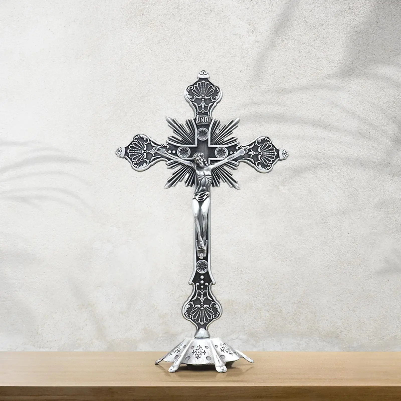 Crucifix with Stand Catholic Sculpture Jesus Cross Statue Figurine Standing Crucifix for Home Bedroom Living Room Table Prayers