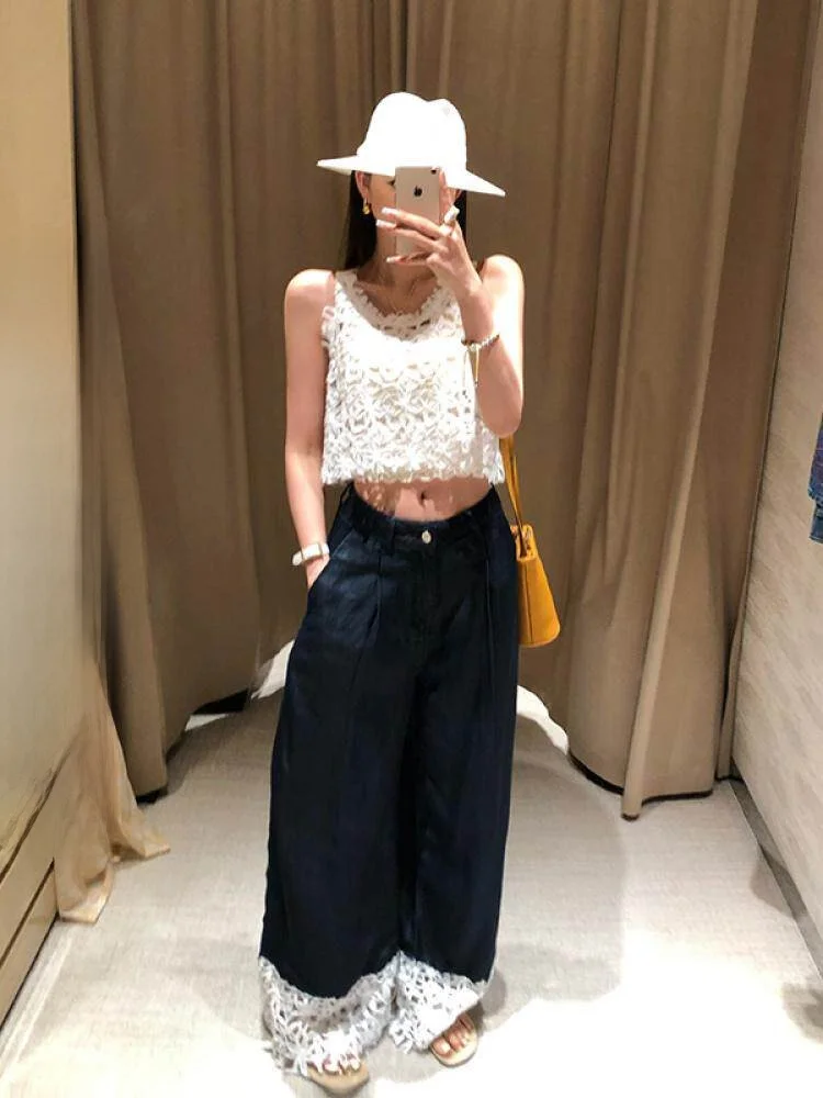 

Джинсы Lililiwj с высокой талией и широкими штанинами, цвет деним, свободные, с кружевными вставками, в корейском стиле, повседневные брюки для женщин