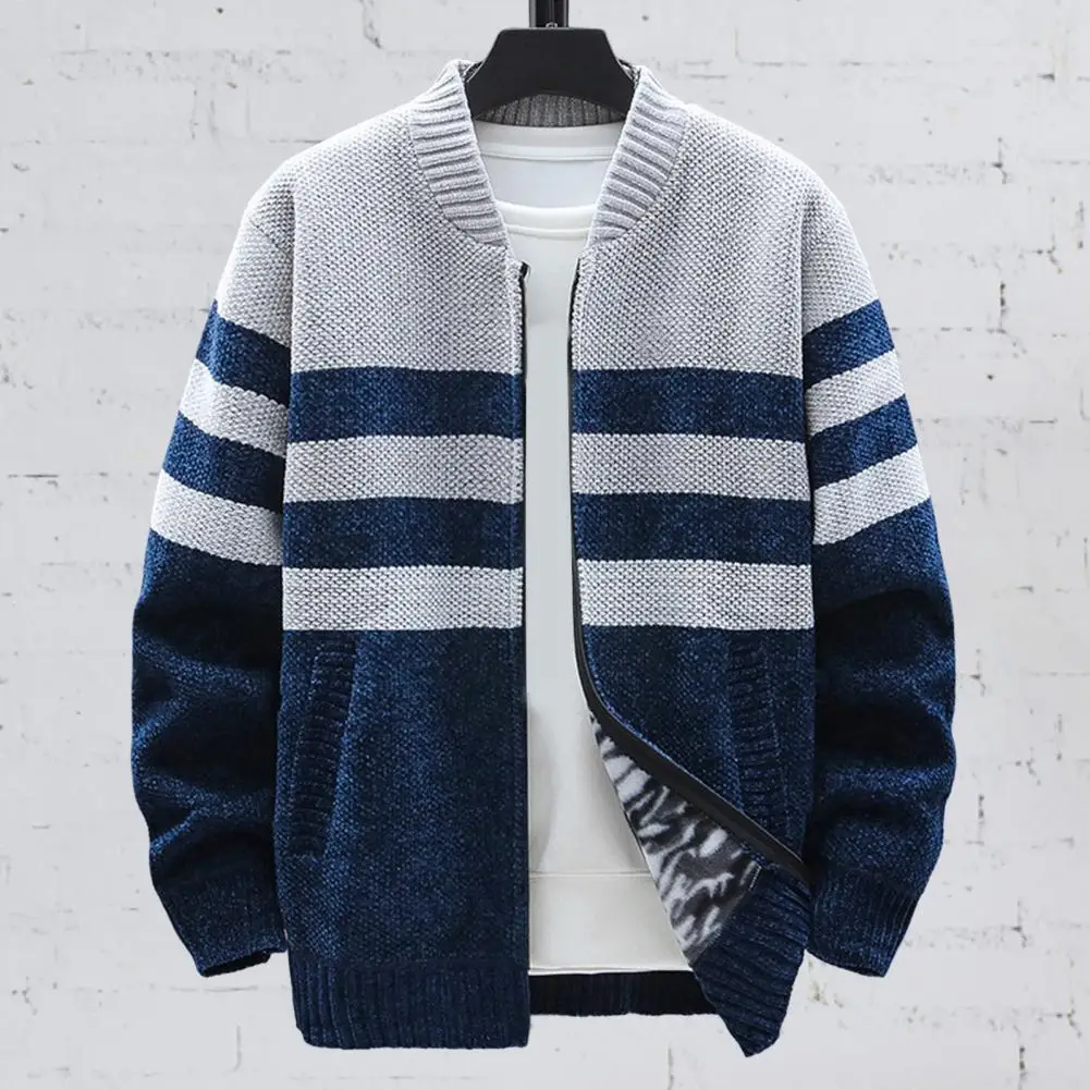 Cardigan Man Sweaters Coat Men's Spring Autumn Fleece Sweater Zipper Fashion Baseball Collar Stripe Jacket New