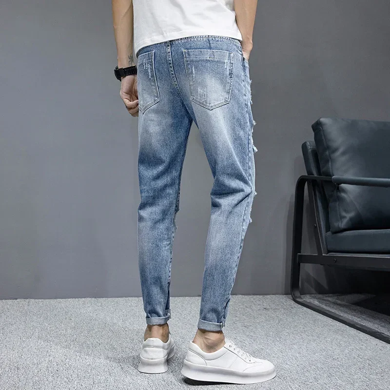 TFETTERS 2024 Spring Summer Men Ripped Jeans Cropped Mid Rise Stretch Hip Hop Punk Pencil Pants Streetwear Party Men Clothing