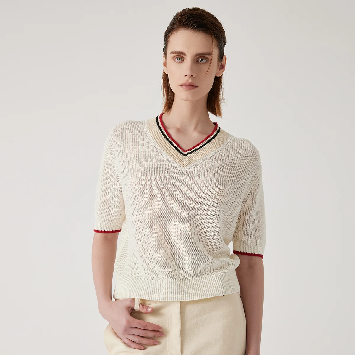 

Pop BC1132 Luxury Women's 100% Linen Pullover V Neck Loose Knitted Sweater High Quality Summer Clothing