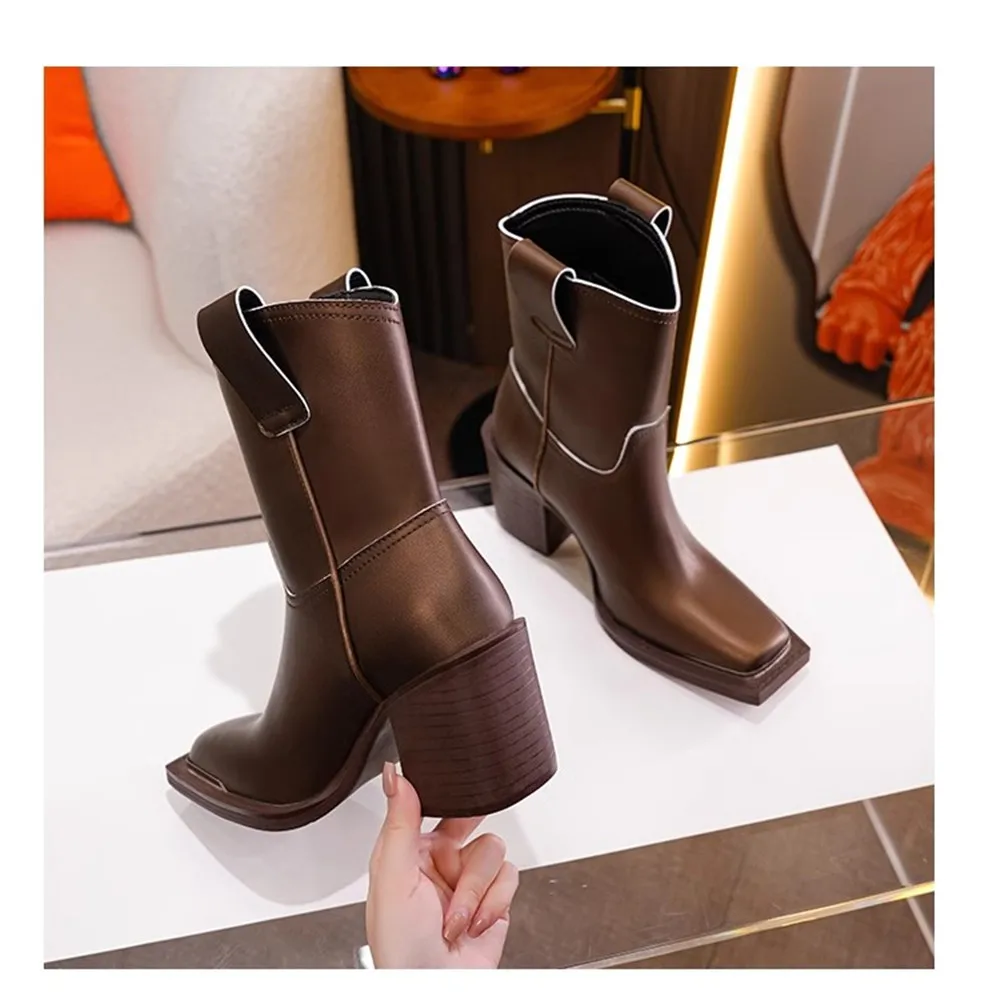 

New Autumn Winter Metal Square Toe Women Knight Boots Vintage Slip On Leather Chunky High Heel Mid Calf Chelsea Boots