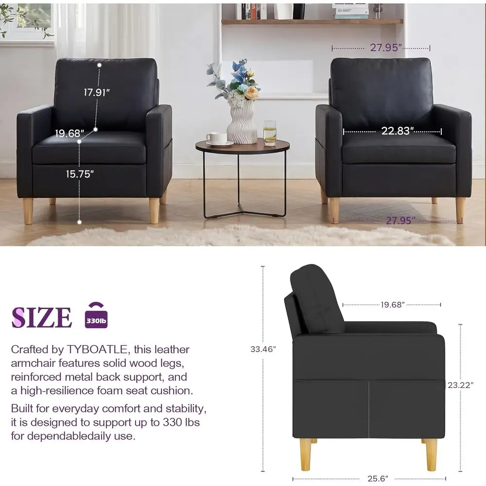 Leather Accent Chair, Living Room Chair with Wooden Legs (Black, 1) | , Century ern, Armrest kets, Comy, Waiting Room, Bedroom,
