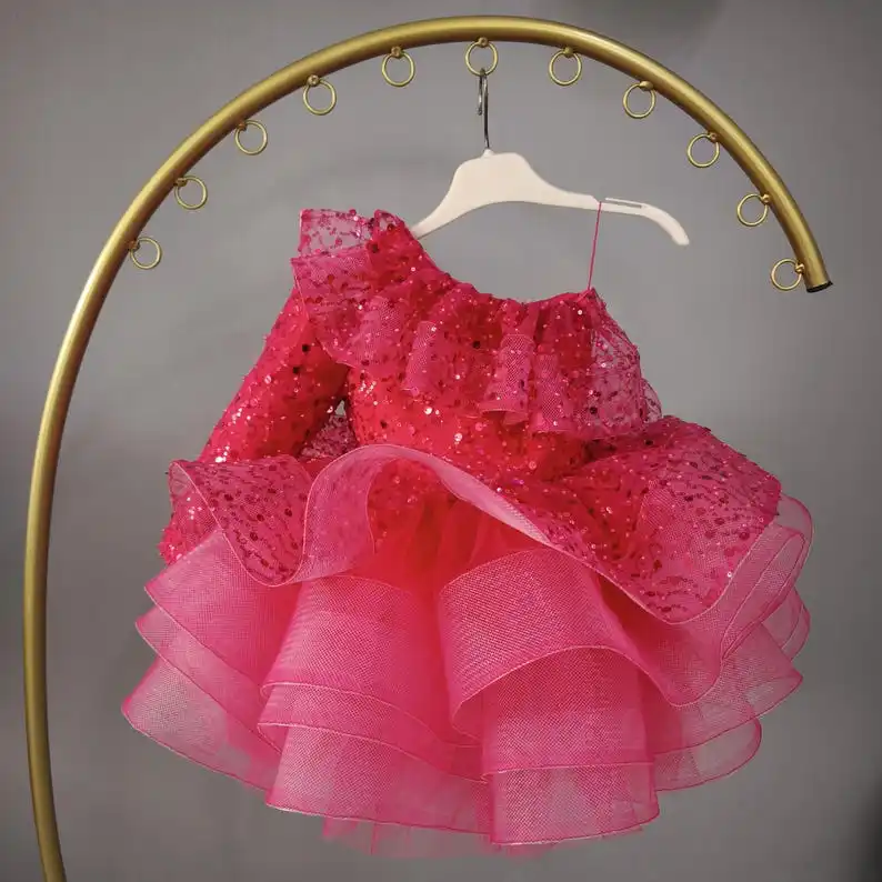 Flower Girls Dress Fuchsia Sequin One-Shoulder Girls Dress: Tulle Bow Party Gown for Wedding Party