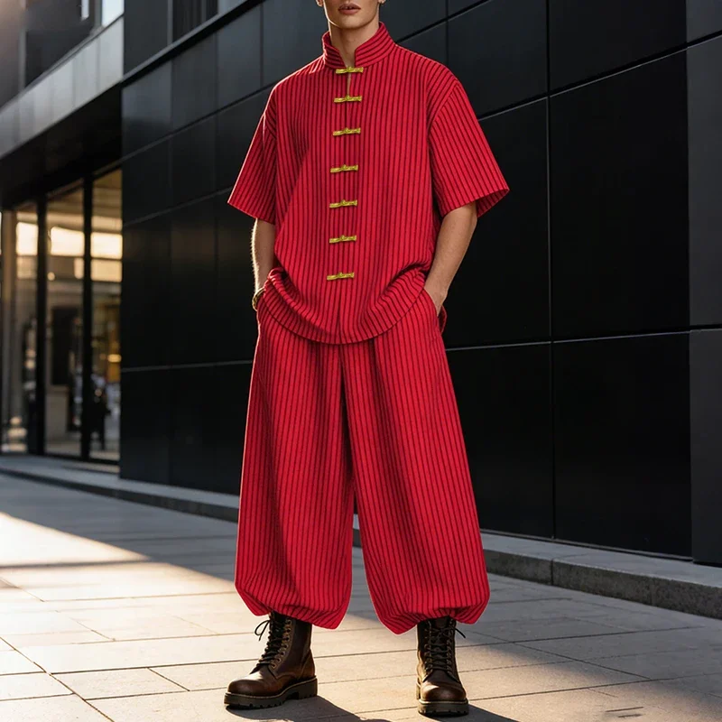 INCERUN Conjuntos para hombre, camisa de manga corta con botones vintage y pantalones a rayas, conjuntos de dos piezas, conjuntos holgados a juego para hombre, chándales
