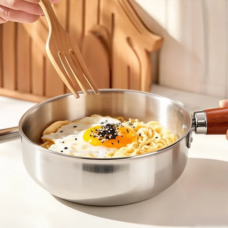 Korean Ramen Pot, Stainless Steel Noodle Cooker with Wooden Handle, 1-2 Person Small Soup Pot for Ramyun, Induction Compatible