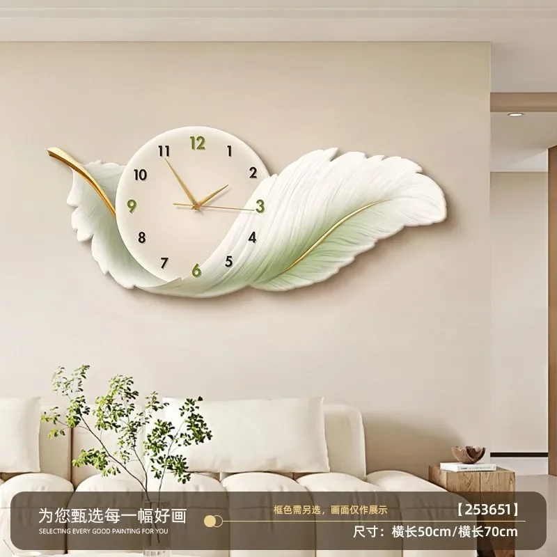 

Home Watches, Wall Clocks,New Dining Room Decoration Painting Light Luxury Feather Clock High-end Sense Living Room Silent Wall