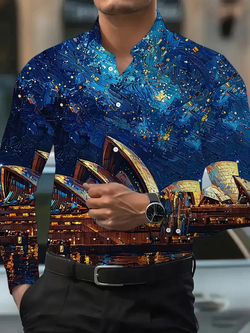 

Винтажная мужская рубашка с длинным рукавом с парусным принтом и парусным принтом, рубашка с длинными рукавами и принтом, повседневная свободная рубашка, топ