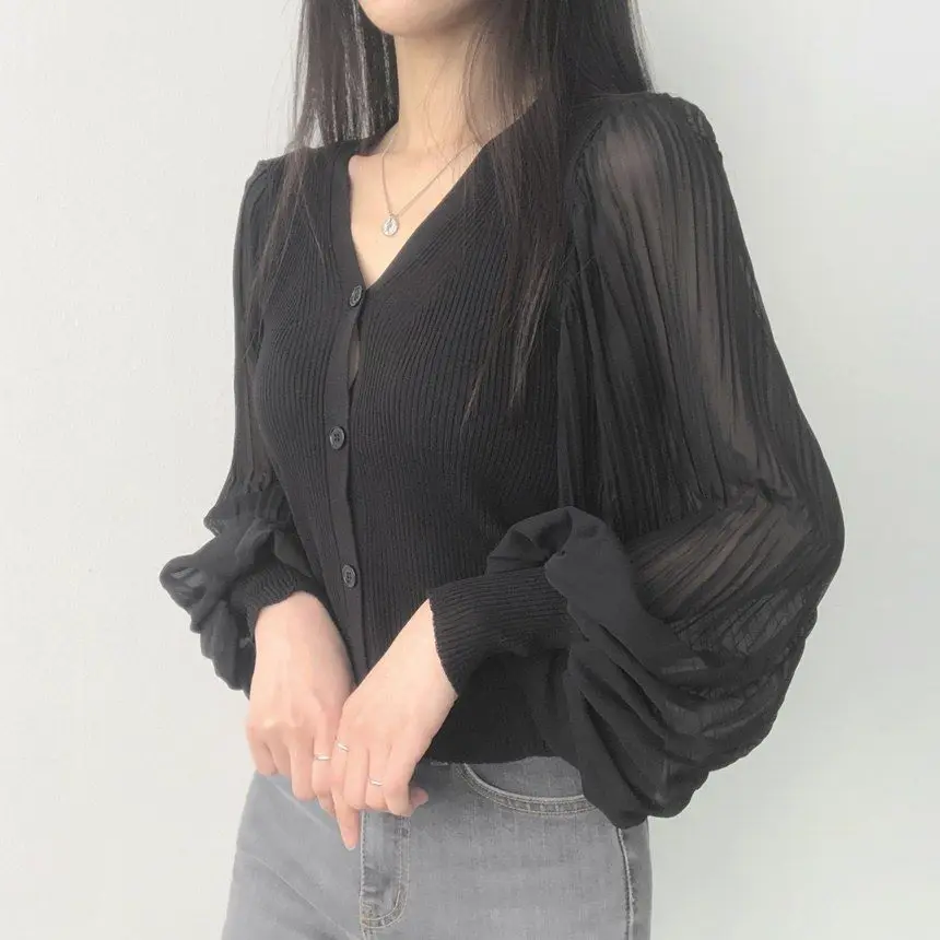 V Neck Solid Button Pleated Patchwork Temperament Tops Spring Autumn Long Sleeve Elegant T Shirts Fashion Korean Women Clothing 9 Sfdba53629b47416bb59568a3e52eb879Z