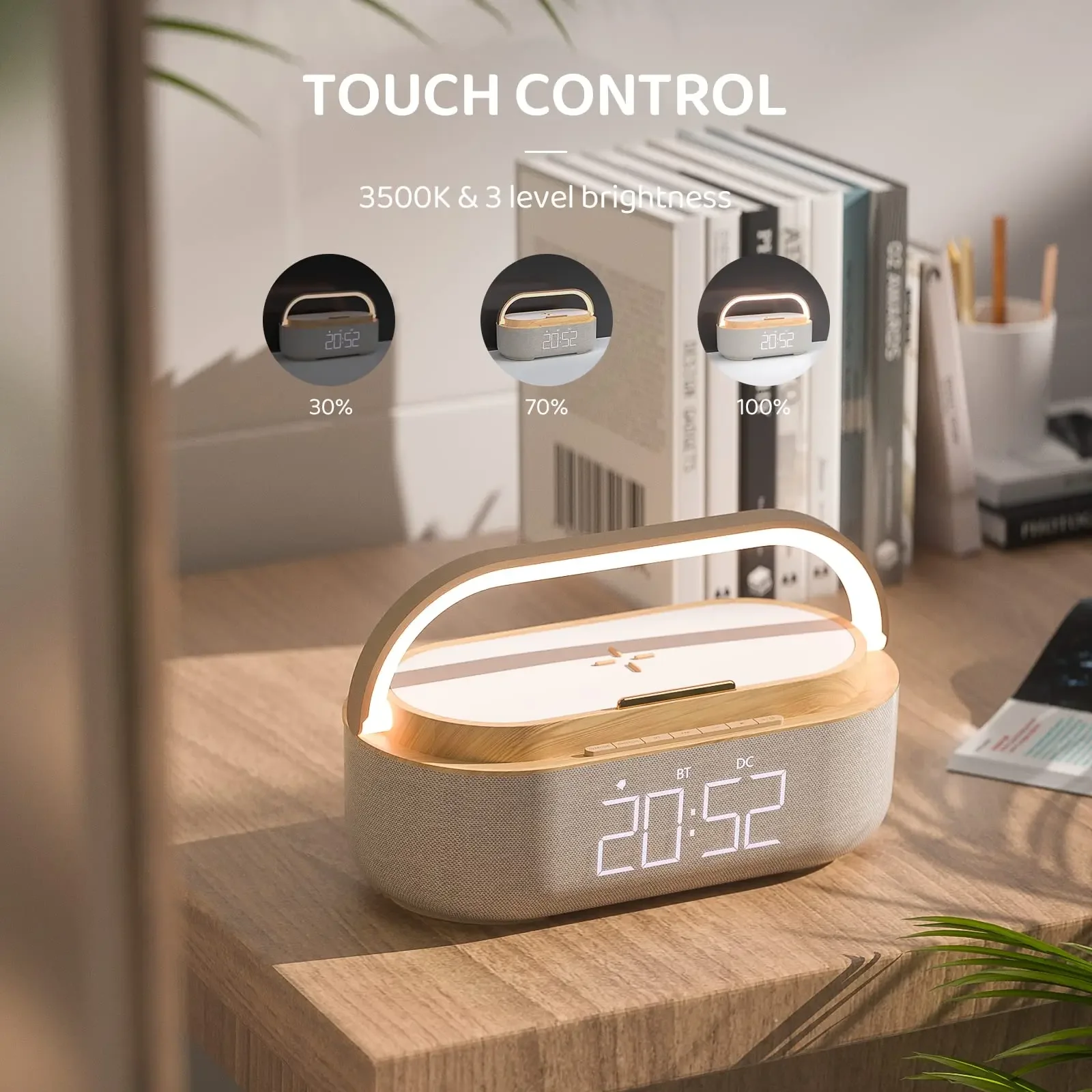 2024 Newest Wooden Bluetooth Speaker with Digital Alarm Clock Wireless Charger FM Clock Radio Adjustable LED Night Light Home