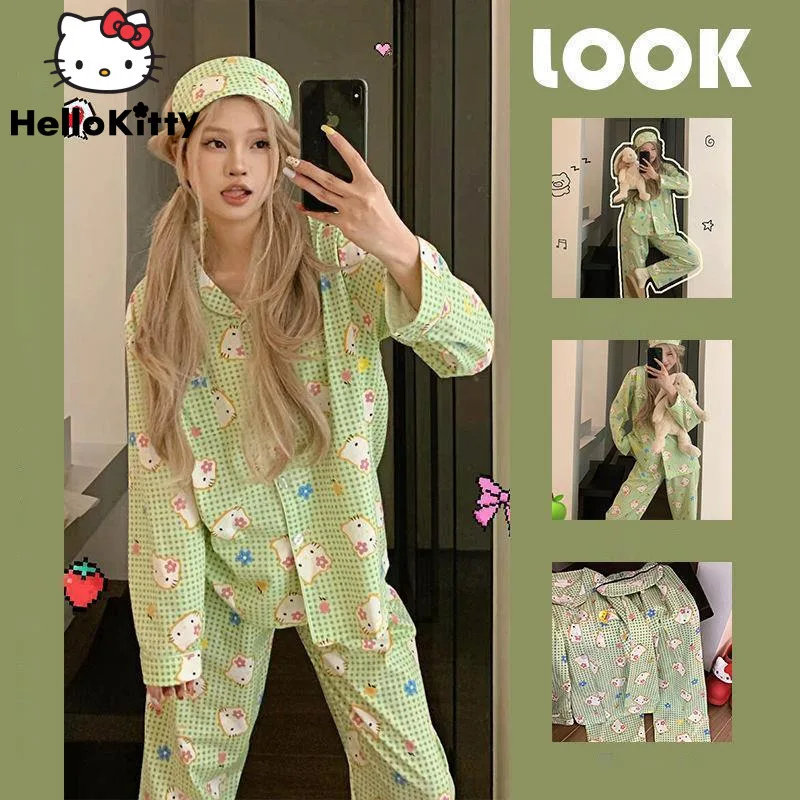 Sanrio Hello Kitty Cute Cartoon Checkered Sleepwear Japanese Style Harajuku Fashion Pajamas Women Spring Autumn New Home Clothes