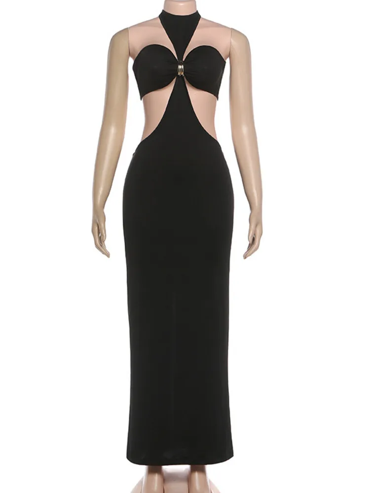 XIAOTANG ホルターオフショルダーセクシーマキシドレスセット女性エレガントなカットアウトノースリーブバックレスクロップトップとマキシスカートマッチングセット