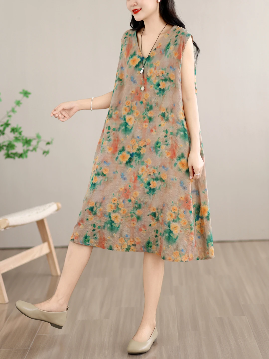 Summer Vacation Style Sleeveless Vest Dress Women's High Waist A-Line Skirt Cotton Thin V-Neck Gown French Style Long Dress