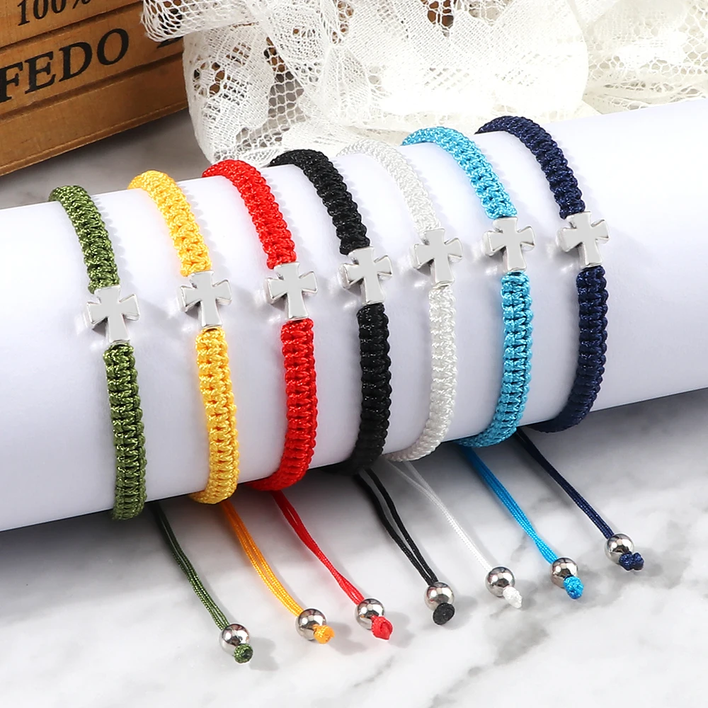 Silver Color Cross Braided Bracelet Metal Crucifix Adjustable Handmade Bracelets & Bangles Fashion Charm Men Women Jewelry Gifts