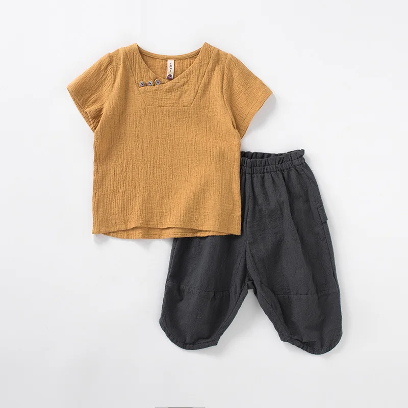 Summer New Short Sleeve Boys Cotton Linen Clothing Kids Two Piece Set Tang Suit Children Chinese Lovely Clothing