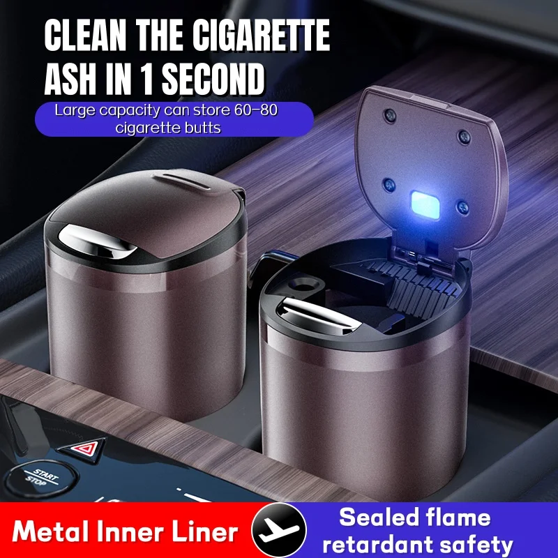 1 PC New Car Ashtray With Stainless Steel Inner Liner One Click Open  LED Light With Lid To Separate Odors Portable Ashtray Cup