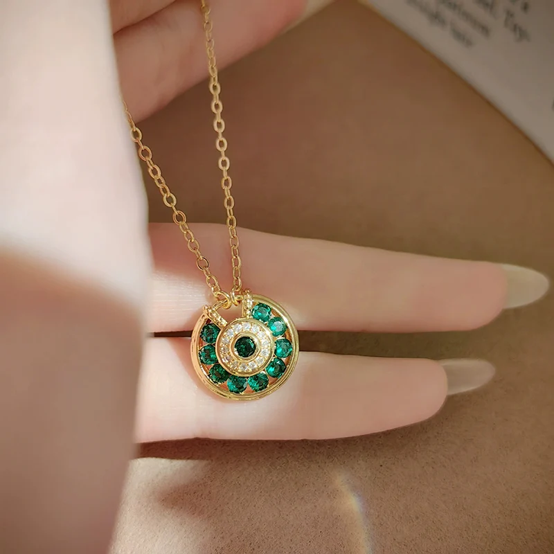 Antique style Green Roman Disc Necklace with Circular Lucky Talisman Red Crystal Necklace for Women KOFSAC