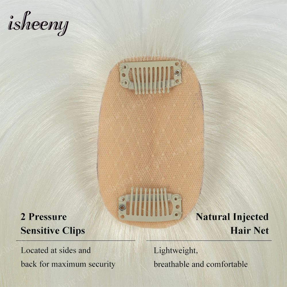 أغطية شعر بشري من isheeny مقاس 5 × 9 سم للنساء، جزء علوي رفيع بمشبك مع ثلاثي الأبعاد 360 ° تغطية الانفجارات الهوائية هامش الشعر 8 بوصة-14 بوصة #3