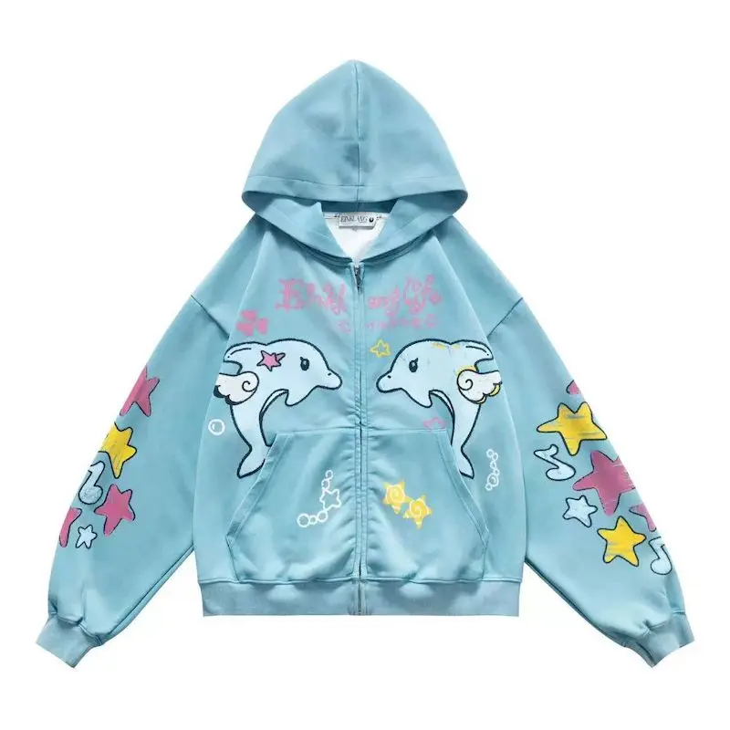 

American Retro Washed Hoodies Women and Men Graffiti Dolphin Hooded Sweatshirt Spring Autumn Loose Plush Couple Cardigan Jacket