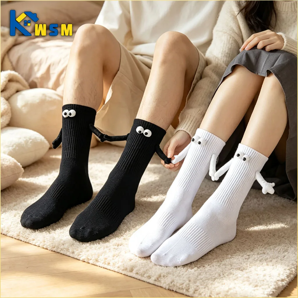 1-10Pairs Funny Magnetic Hand Holding Socks with Big Eyes Embroidered Novelty Couple Mid Calf Socks for Men Women Casual Wear