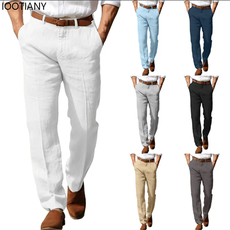 

Мужские формальные льняные летние брюки, прямые однотонные удобные дышащие деловые модные брюки в базовом стиле