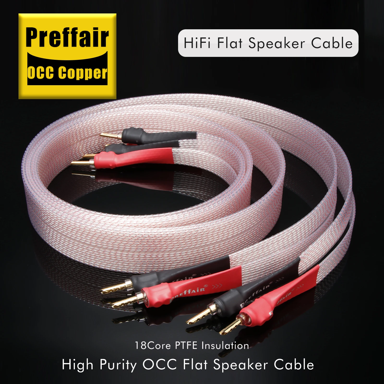 Preffair Speaker Cable HiFi 7N OCC Copper Silver Plated Audio Flat Audiophile Speaker Wire with Gold Plated Banana Spade Plug